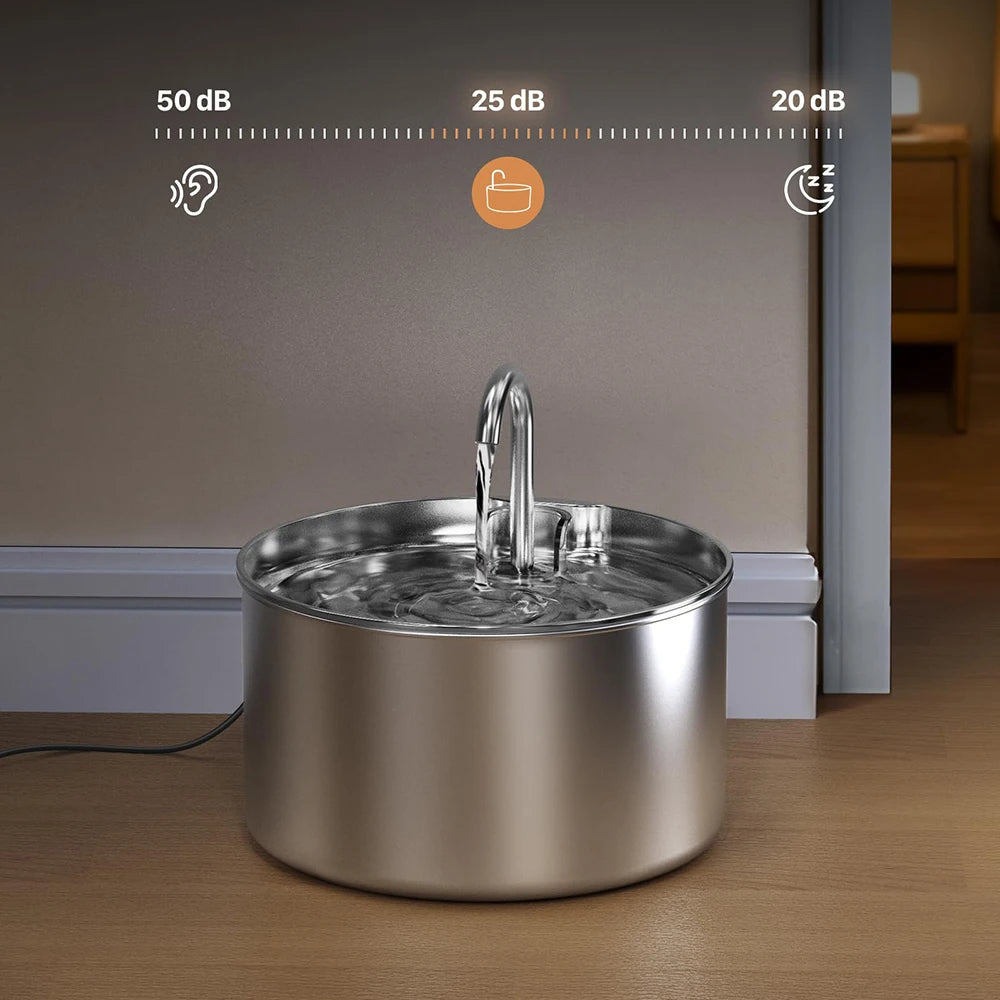 Stainless steel pet water fountain on a wooden floor with sound level indicators.