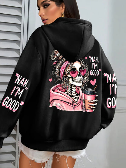 Women Funny Printing Hoodie – Loose Multicolor Fleece Hoody