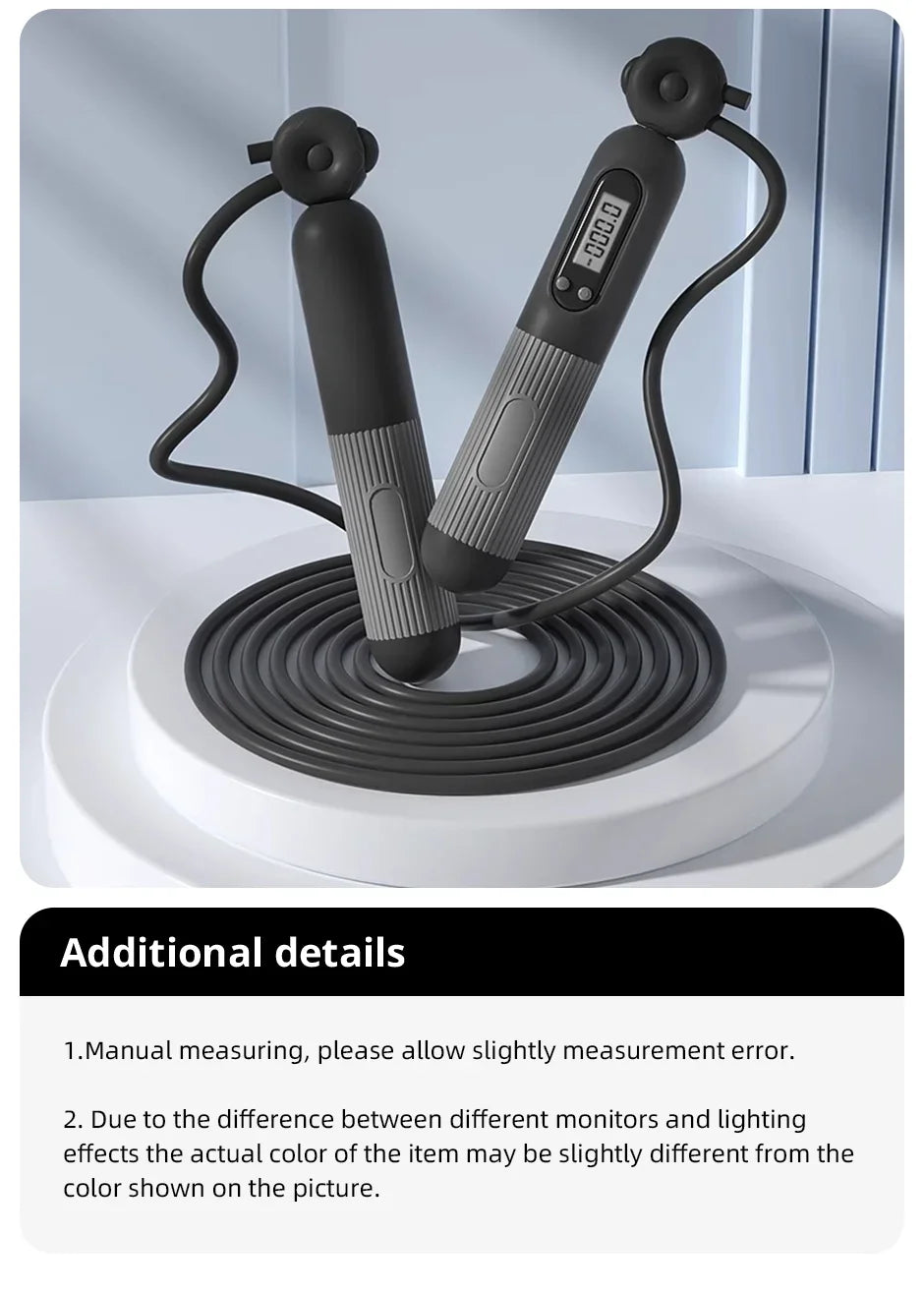 Digital jump rope on a white background with text about measurement and color differences.