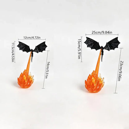 A small fantasy dragon figurine with black wings and an orange flame base, shown on a white background with dimension labels for width and height.