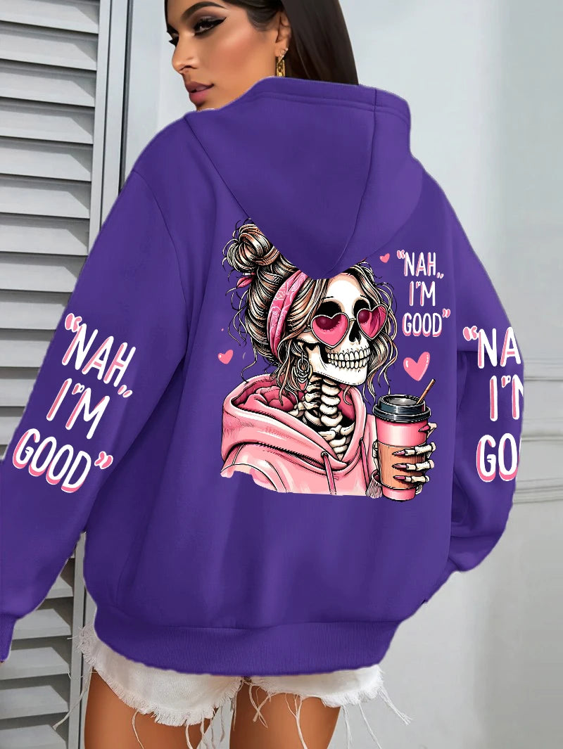Women Funny Printing Hoodie – Loose Multicolor Fleece Hoody