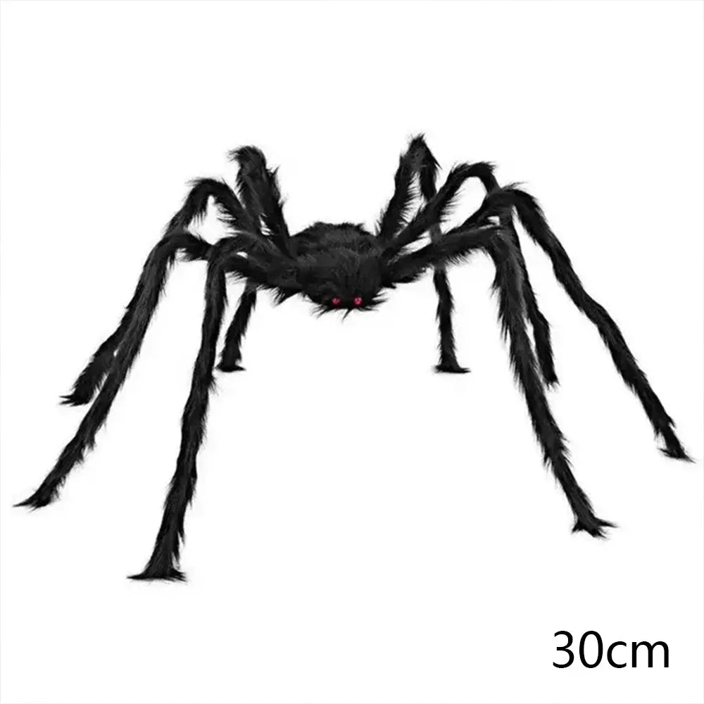 Large black spider decoration with red eyes on a white background, labeled '150cm'.