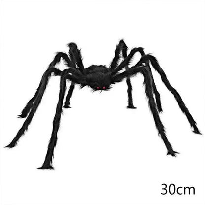 Large black spider decoration with red eyes on a white background, labeled '150cm'.