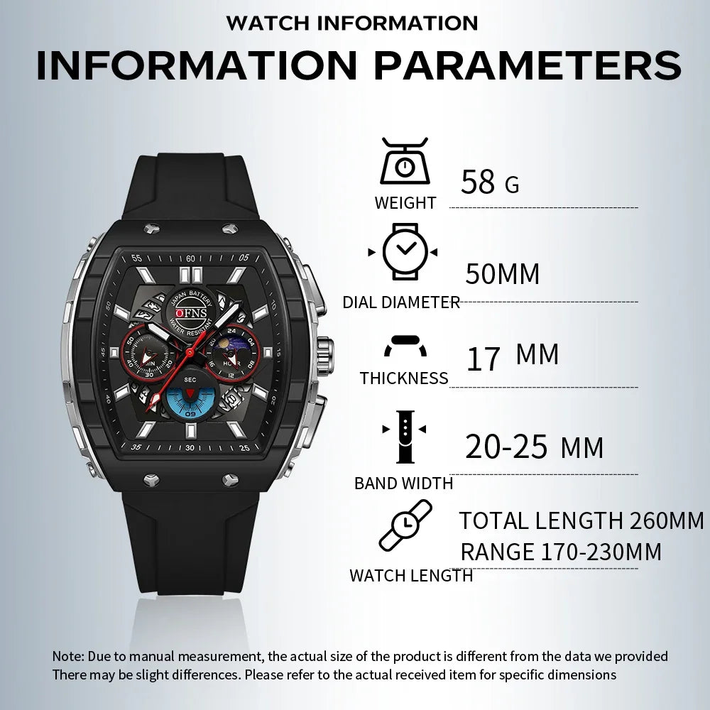 OFNS Men’s Quartz Chronograph Watch – Waterproof Luminous Sports Watch with Silicone Strap