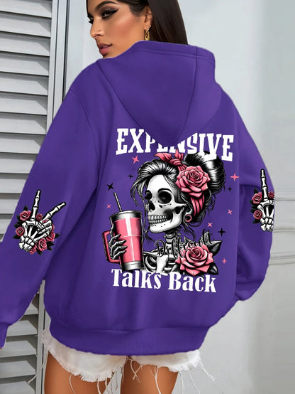 Women Funny Printing Hoodie – Loose Multicolor Fleece Hoody