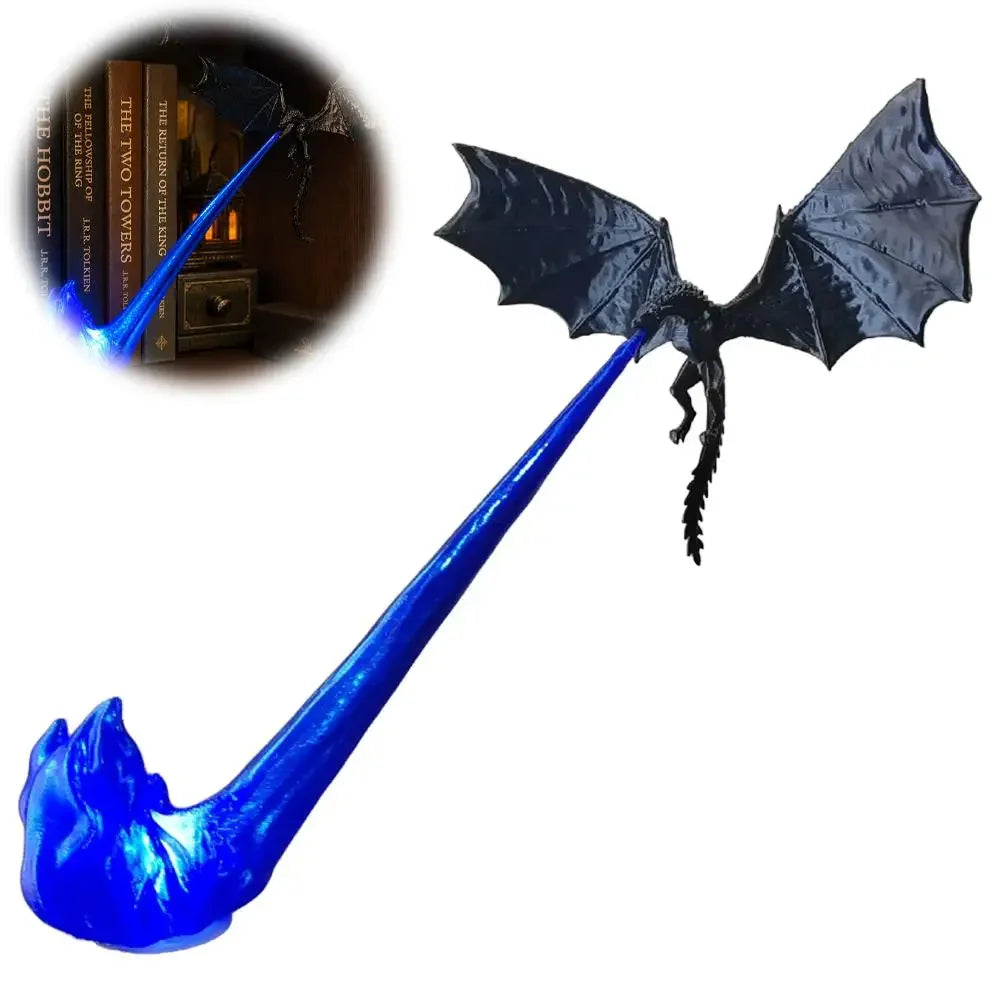 A black dragon figurine with spread wings holding a long, glowing blue staff or beam, shown on a white background with a circular inset demonstrating the beam in use near books.