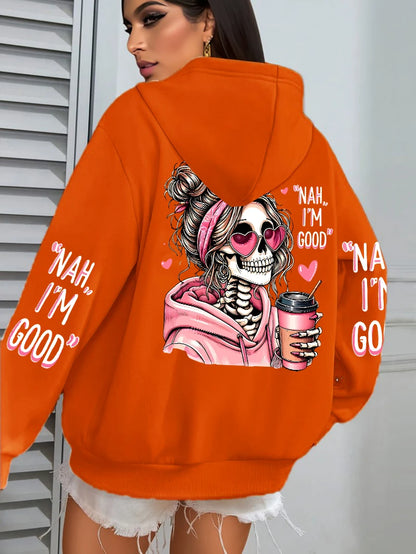 Women Funny Printing Hoodie – Loose Multicolor Fleece Hoody