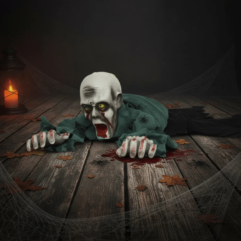 A creepy zombie Halloween decoration crawling on a dark wooden floor, wearing a tattered green shirt and black pants, with fake blood around its mouth and hands. The scene is decorated with cobwebs, autumn leaves, and a burning lantern in the background.