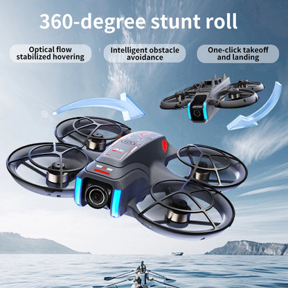 Drone with features like 360-degree stunt roll, optical flow stabilization, and obstacle avoidance on a scenic background.