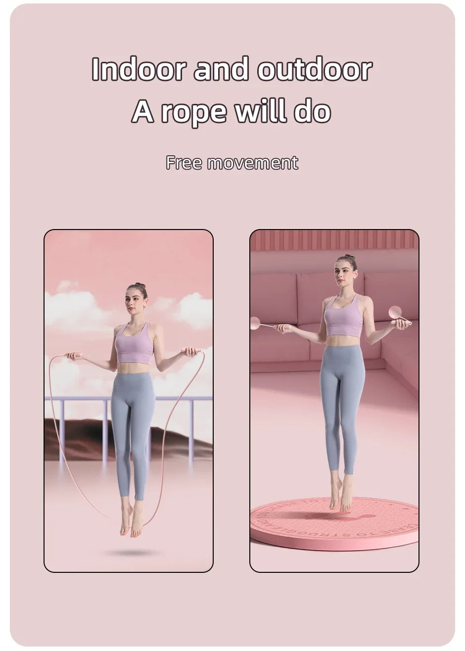 Two images of a woman exercising with a rope and on a trampoline against a pink background.
