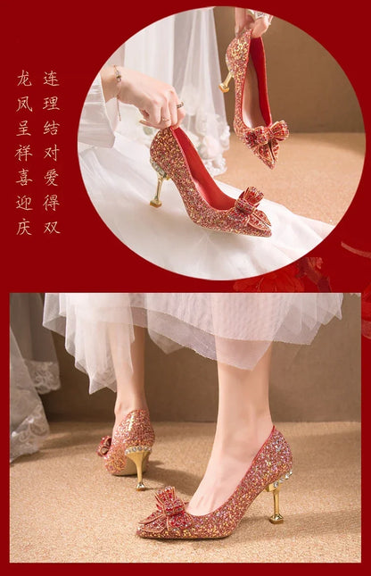 Luxury Women’s Wedding High Heels – Buckle Shoes in Gold, Silver & Red