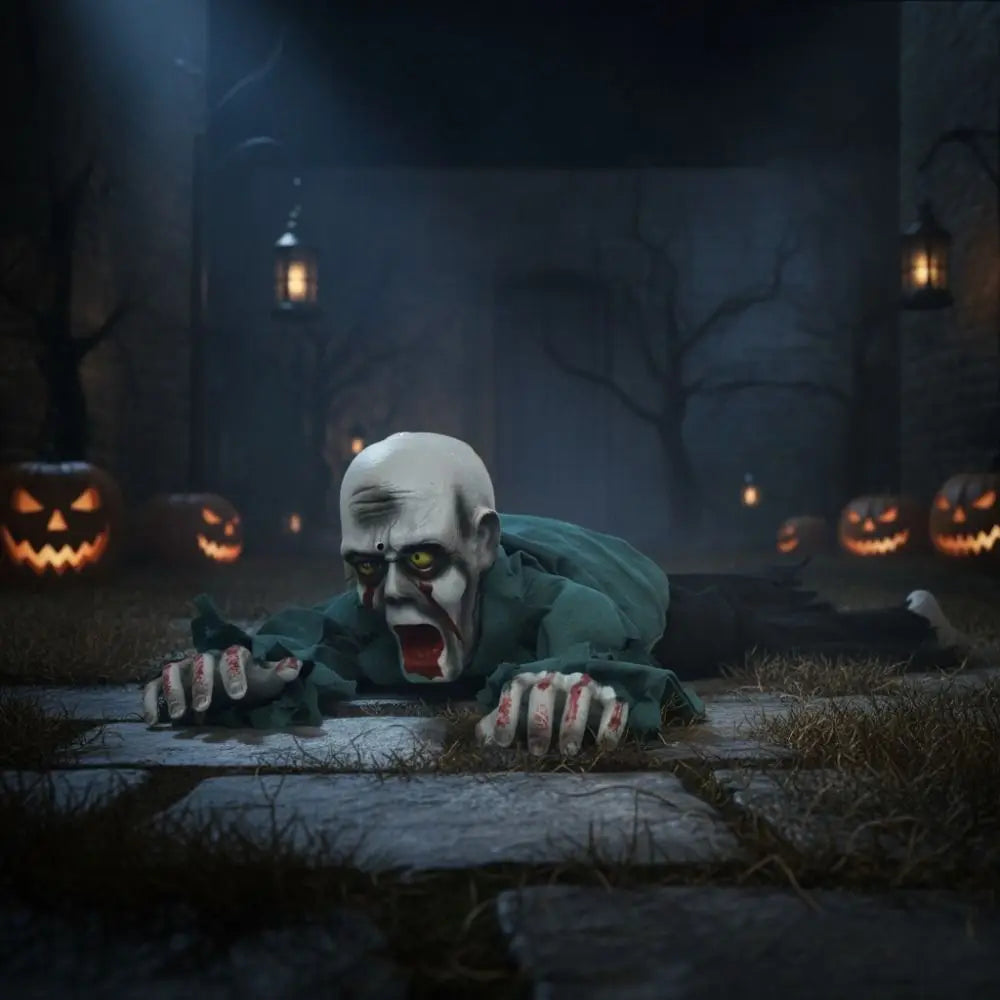 A creepy Halloween decoration of a crawling zombie or ghoul with a pale rotting face, glowing yellow eyes, and a tattered green shirt, crawling on a stone path surrounded by lit jack-o'-lanterns.