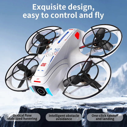 White drone with black propellers against a blue sky background
