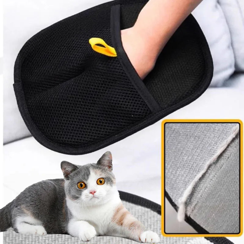 Pet grooming hair remover glove with soft silicone tips for gentle deshedding, removing loose fur, and massaging dogs and cats during grooming.