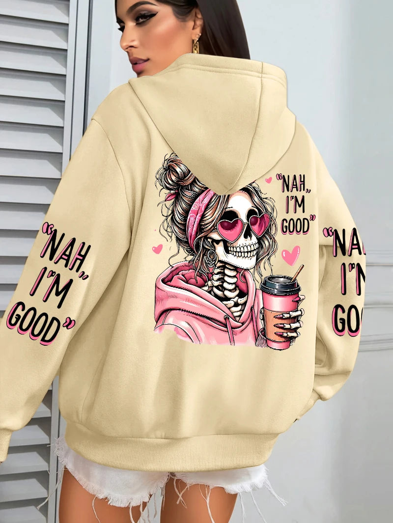 Women Funny Printing Hoodie – Loose Multicolor Fleece Hoody