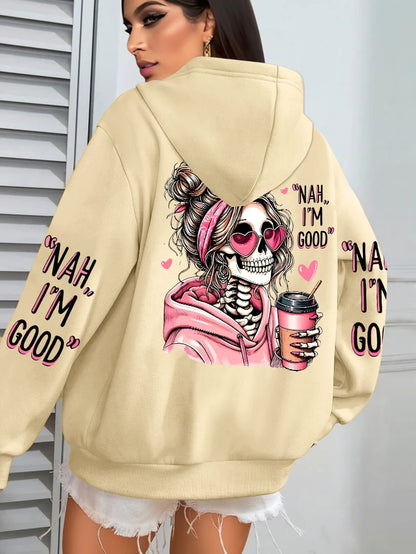 Women Funny Printing Hoodie – Loose Multicolor Fleece Hoody