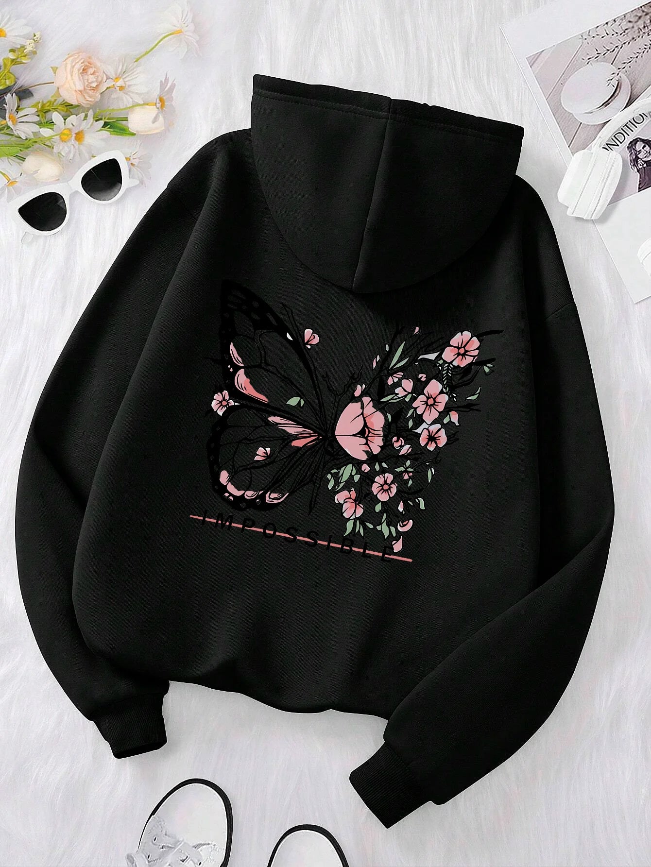 Women’s Rose Butterfly Print Hoodie – Casual Fleece Pullover.