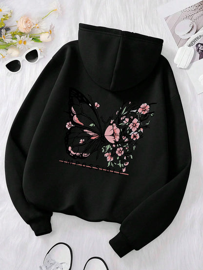 Women’s Rose Butterfly Print Hoodie – Casual Fleece Pullover.