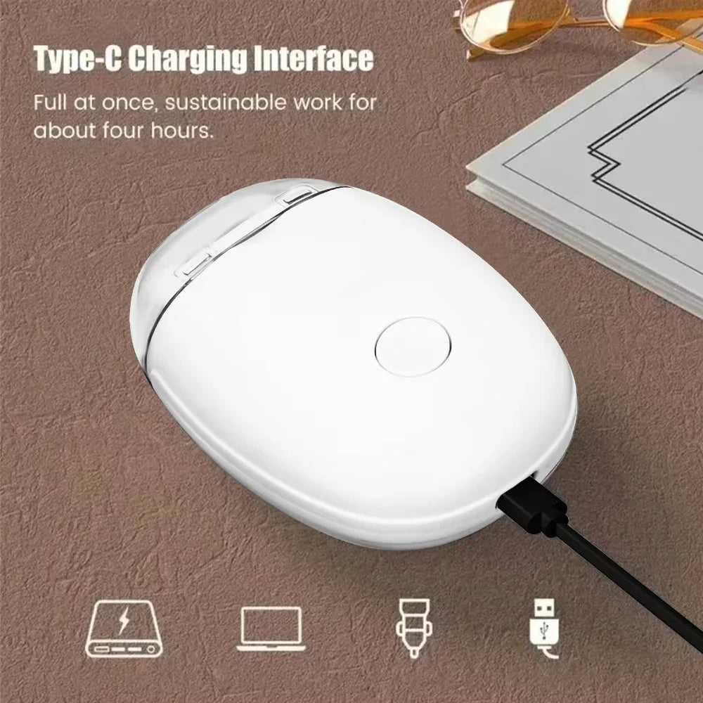 White power bank with charging cable on a brown surface, featuring text about Type-C charging interface.