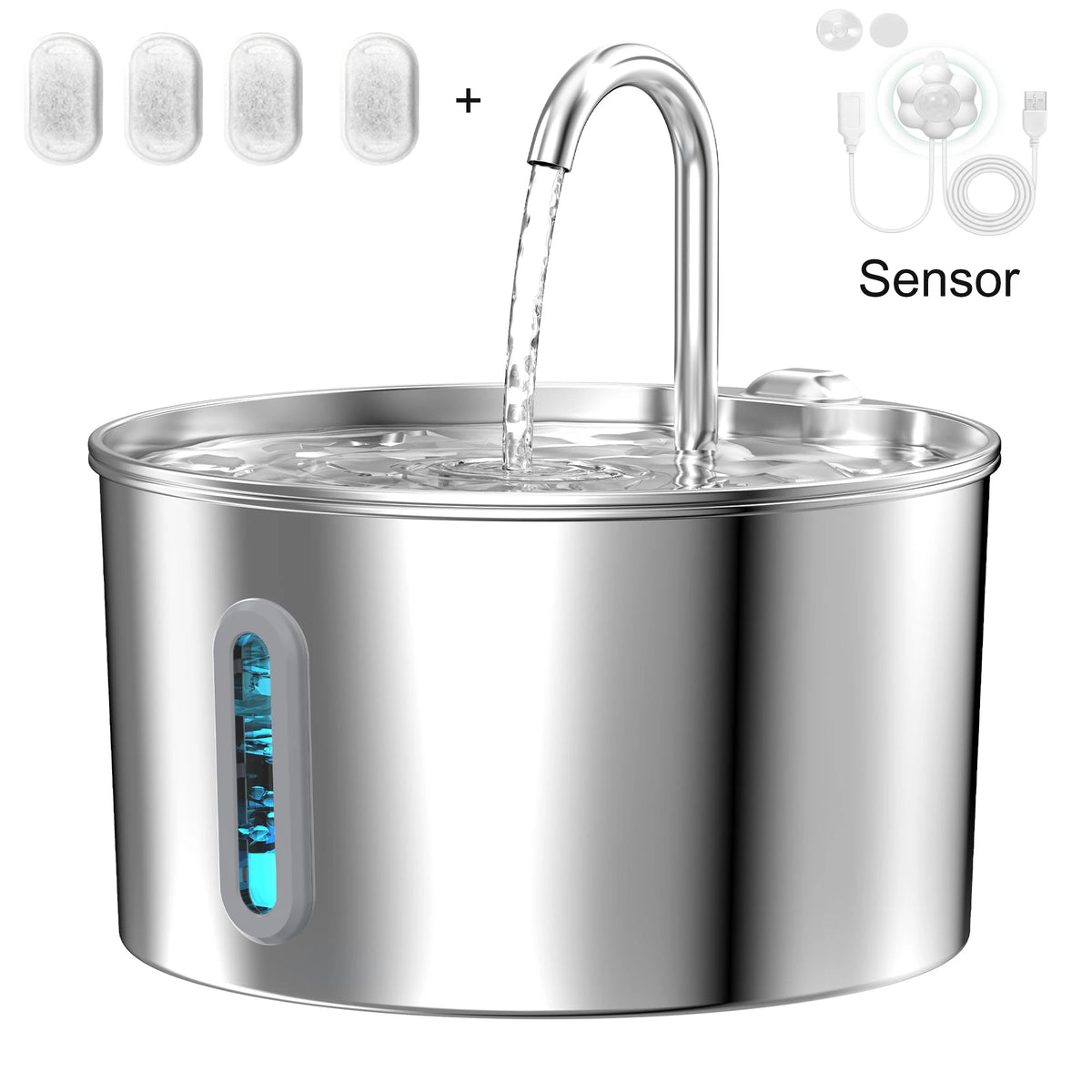 Stainless steel water filter with water flowing out, featuring a sensor indicator.