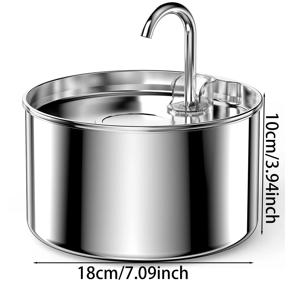 Stainless steel water dispenser with dimensions labeled on a white background
