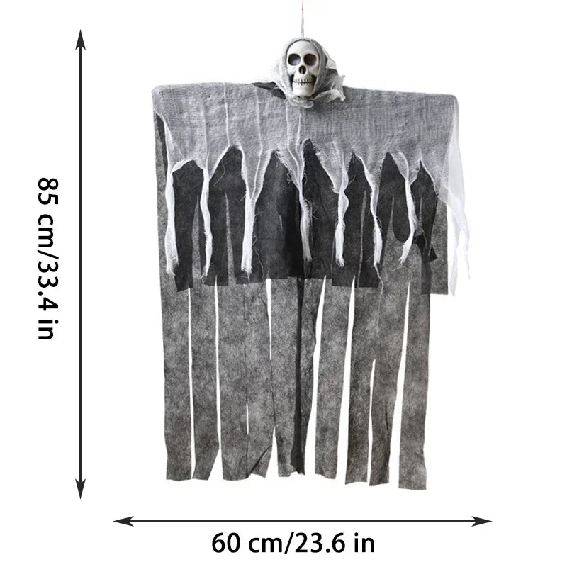 Tattered gray Halloween hanging decoration with a skull at the top and black distressed cutouts, shown with dimension arrows labeled 85 cm tall and 60 cm wide on a white background.