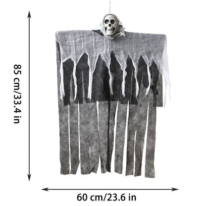 Tattered gray Halloween hanging decoration with a skull at the top and black distressed cutouts, shown with dimension arrows labeled 85 cm tall and 60 cm wide on a white background.