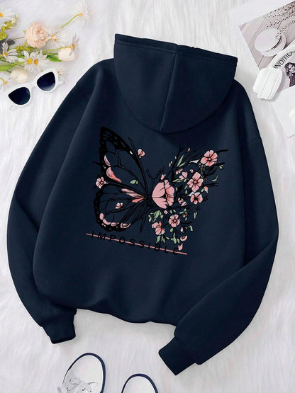 Women’s Rose Butterfly Print Hoodie – Casual Fleece Pullover.