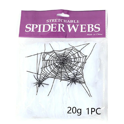 Packaged stretchable spider webs Halloween decoration, containing a large black elastic web and two small spider figures inside a clear plastic bag with a purple header card.