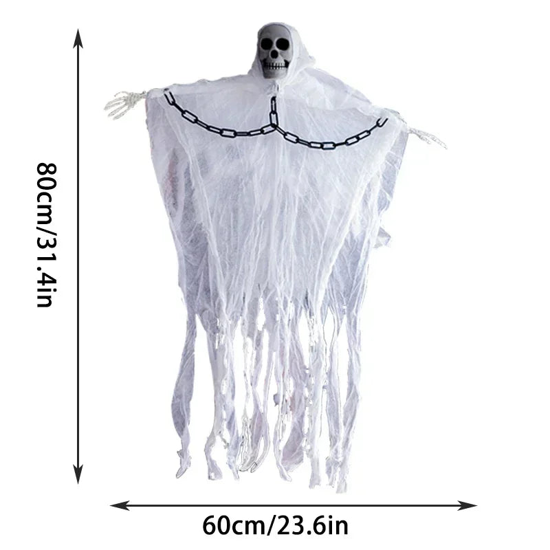 White ghost Halloween decoration with a skull head, skeletal arms, and tattered fabric body, shown with dimension arrows labeled 80cm tall and 60cm wide on a white background.