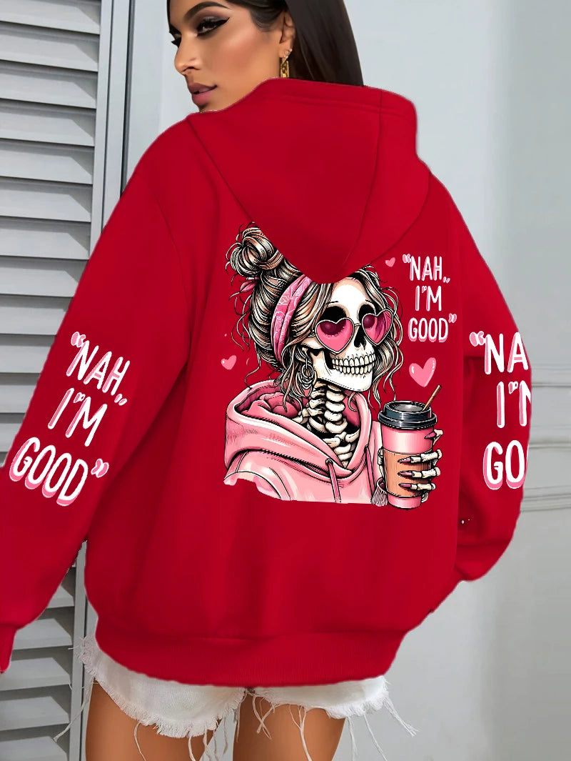 Women Funny Printing Hoodie – Loose Multicolor Fleece Hoody
