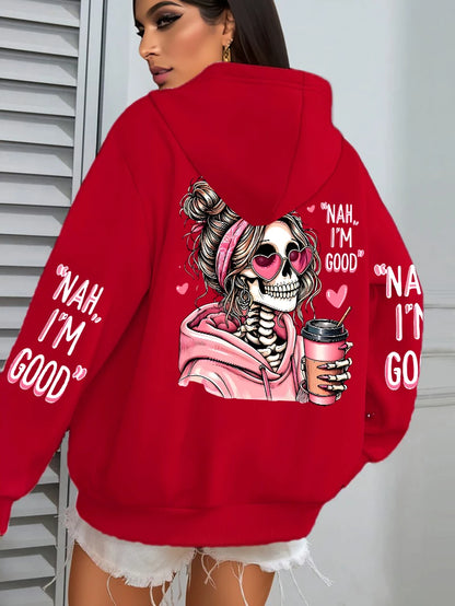 Women Funny Printing Hoodie – Loose Multicolor Fleece Hoody