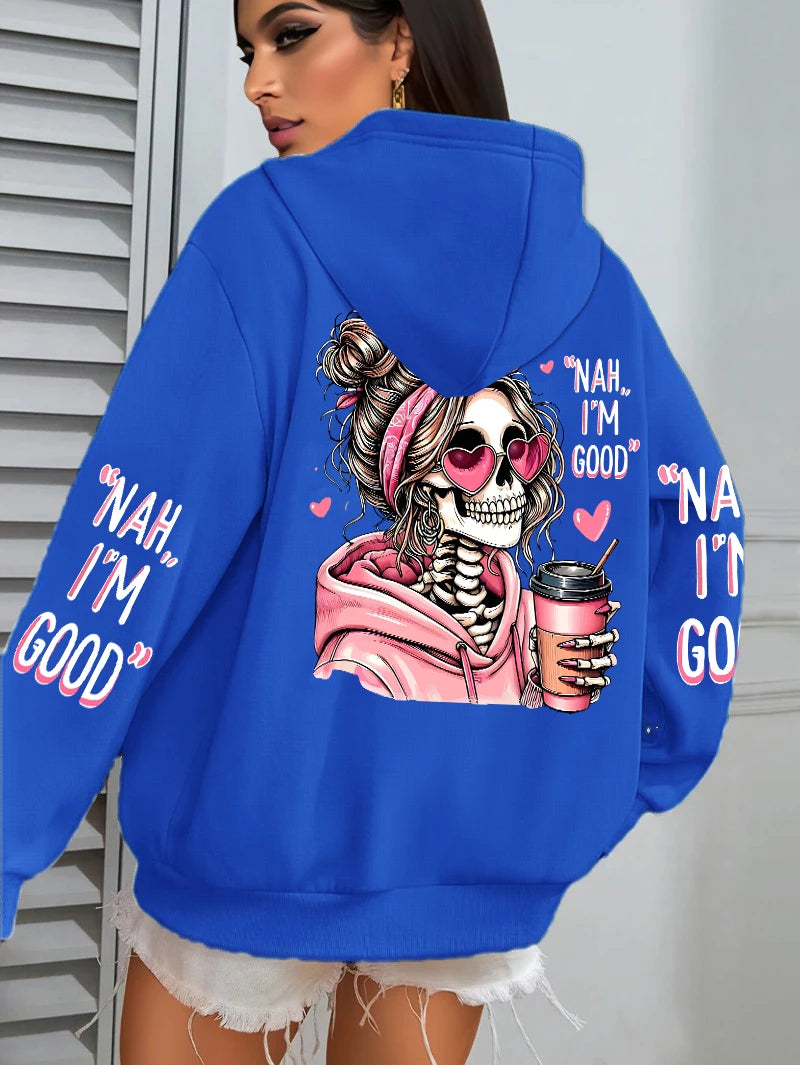 Women Funny Printing Hoodie – Loose Multicolor Fleece Hoody