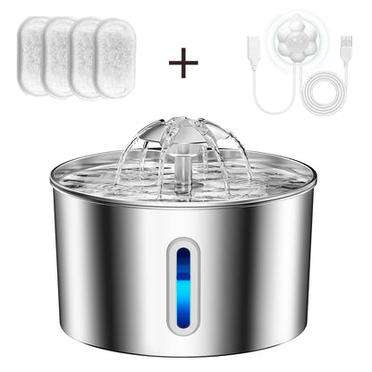 Stainless steel pet water fountain with additional filters and USB cable on a white background