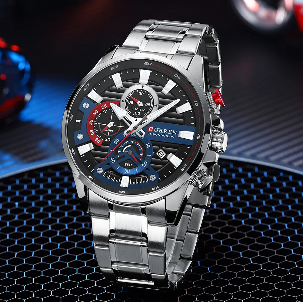CURREN Men’s Quartz Chronograph Watch – Stainless Steel Sports Casual Wristwatch