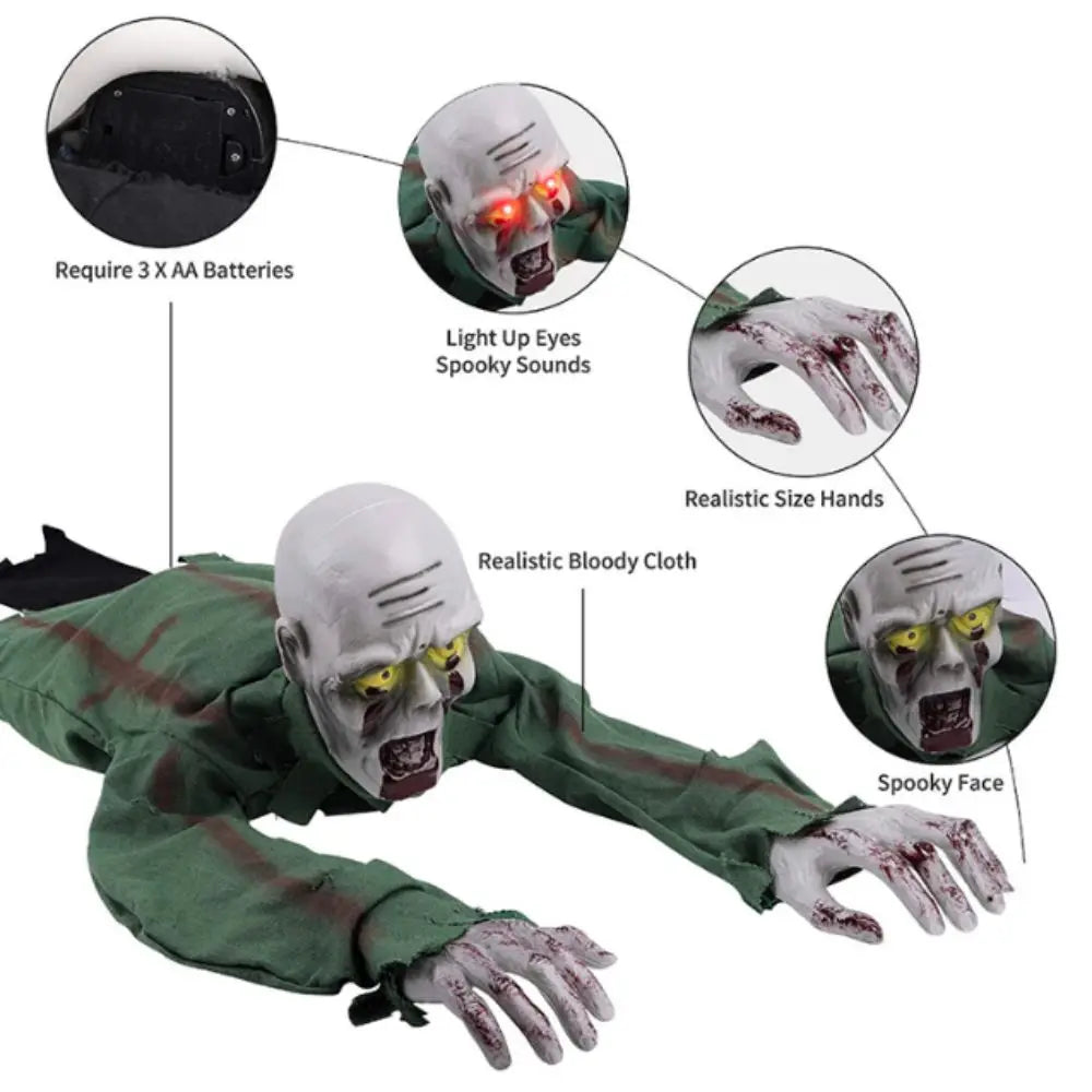 A Halloween zombie prop shown on a white background with callout circles and text explaining features: 3 AA batteries, light-up eyes with spooky sounds, realistic size hands, and a spooky face. The figure is wearing a green blood-splattered costume and has pale gray skin.