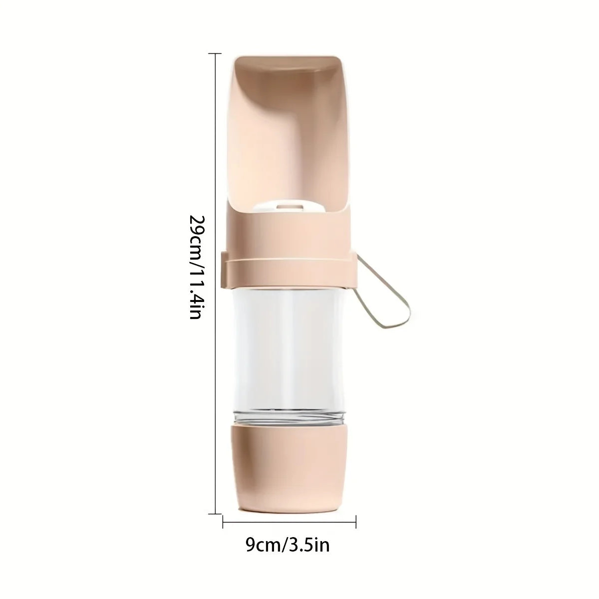 Rose gold and clear portable blender with dimensions on a white background