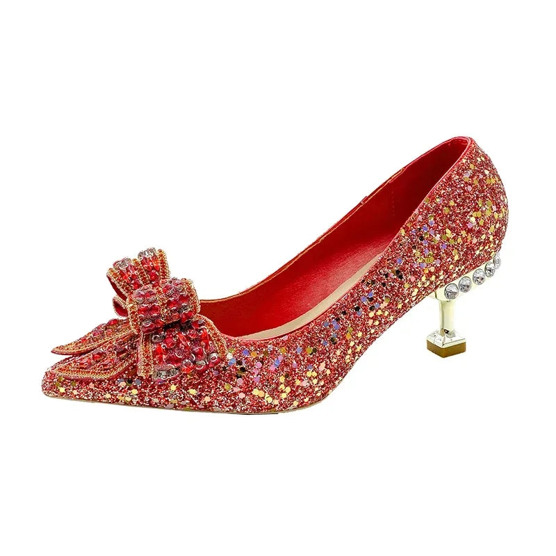 Luxury Women’s Wedding High Heels – Buckle Shoes in Gold, Silver & Red