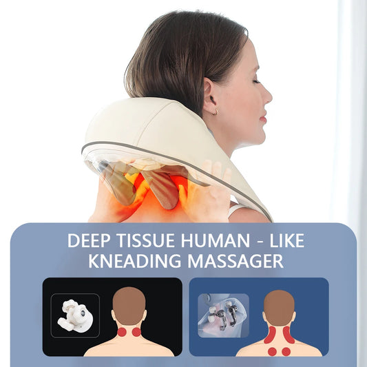 Wireless neck and shoulder massager with ergonomic design, deep tissue massage nodes, and heat function for relaxation and muscle relief.
