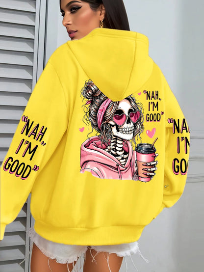 Women Funny Printing Hoodie – Loose Multicolor Fleece Hoody