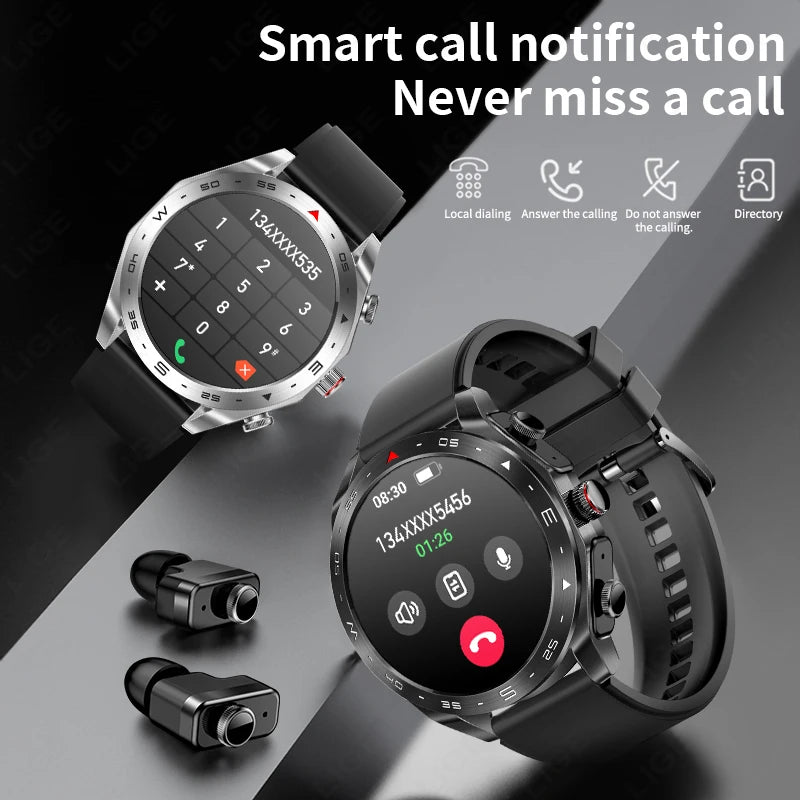 Smartwatch with earbuds on a dark background, highlighting smart call notification features.