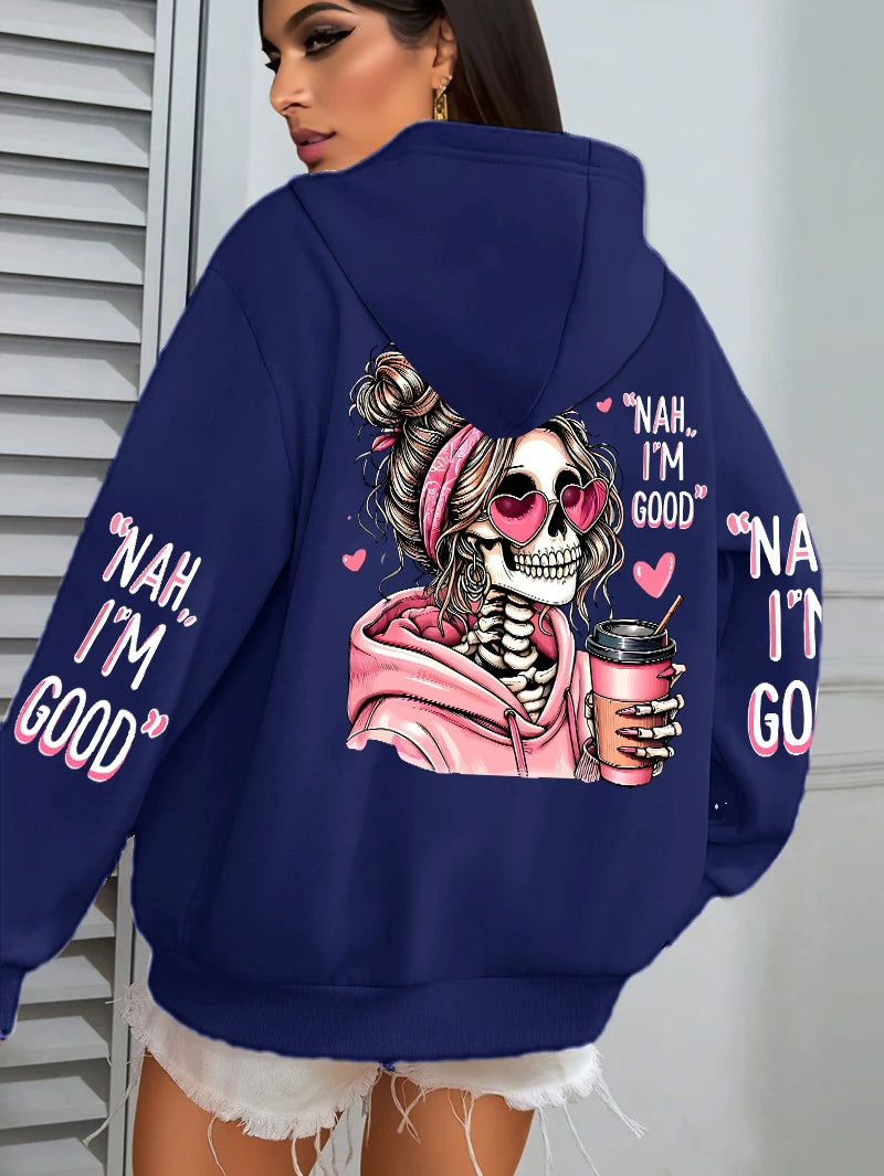 Women Funny Printing Hoodie – Loose Multicolor Fleece Hoody