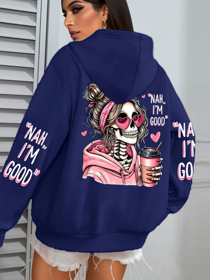 Women Funny Printing Hoodie – Loose Multicolor Fleece Hoody
