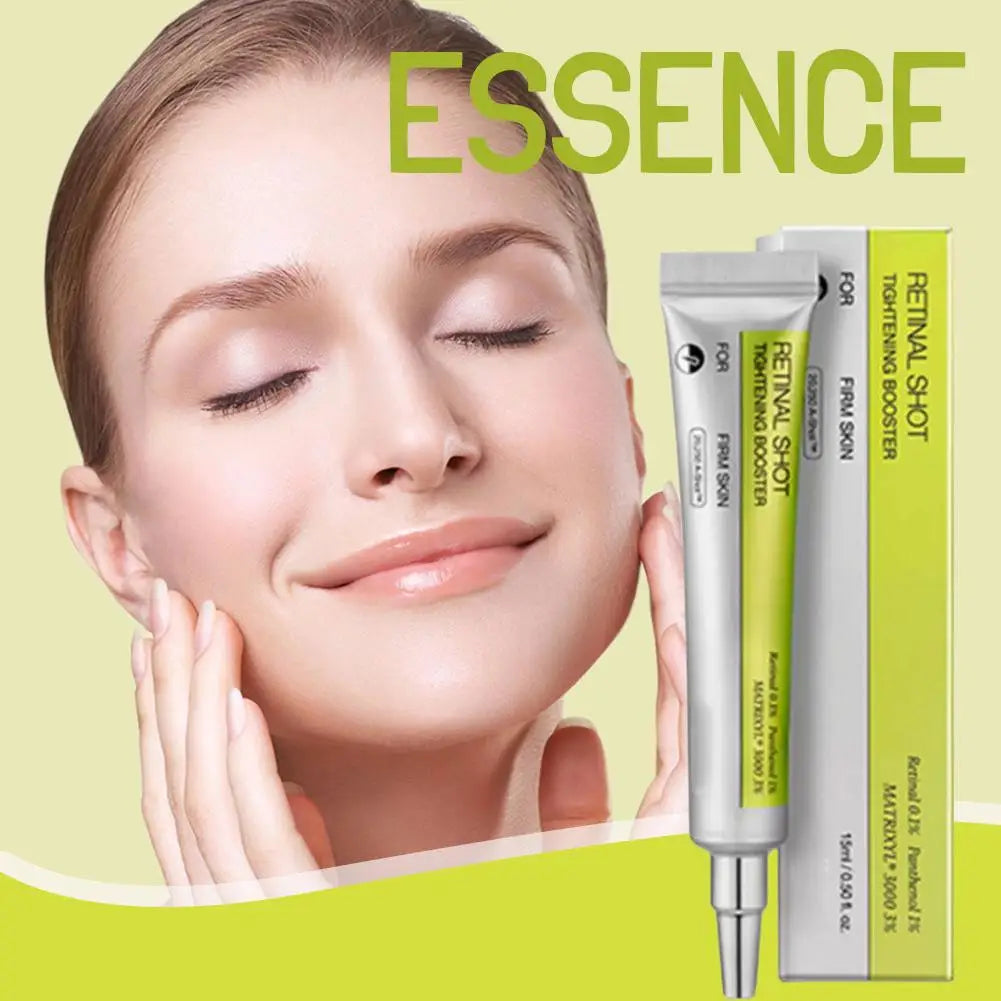 Woman with closed eyes and a tube of skincare product labeled 'Essence' on a light green background
