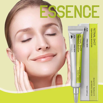 Woman with closed eyes and a tube of skincare product labeled 'Essence' on a light green background