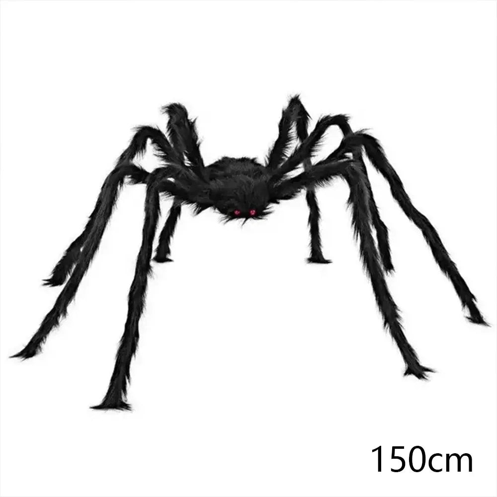 Large black spider decoration with red eyes on a white background, labeled '150cm'.