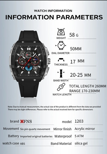 OFNS Men’s Quartz Chronograph Watch – Waterproof Luminous Sports Watch with Silicone Strap