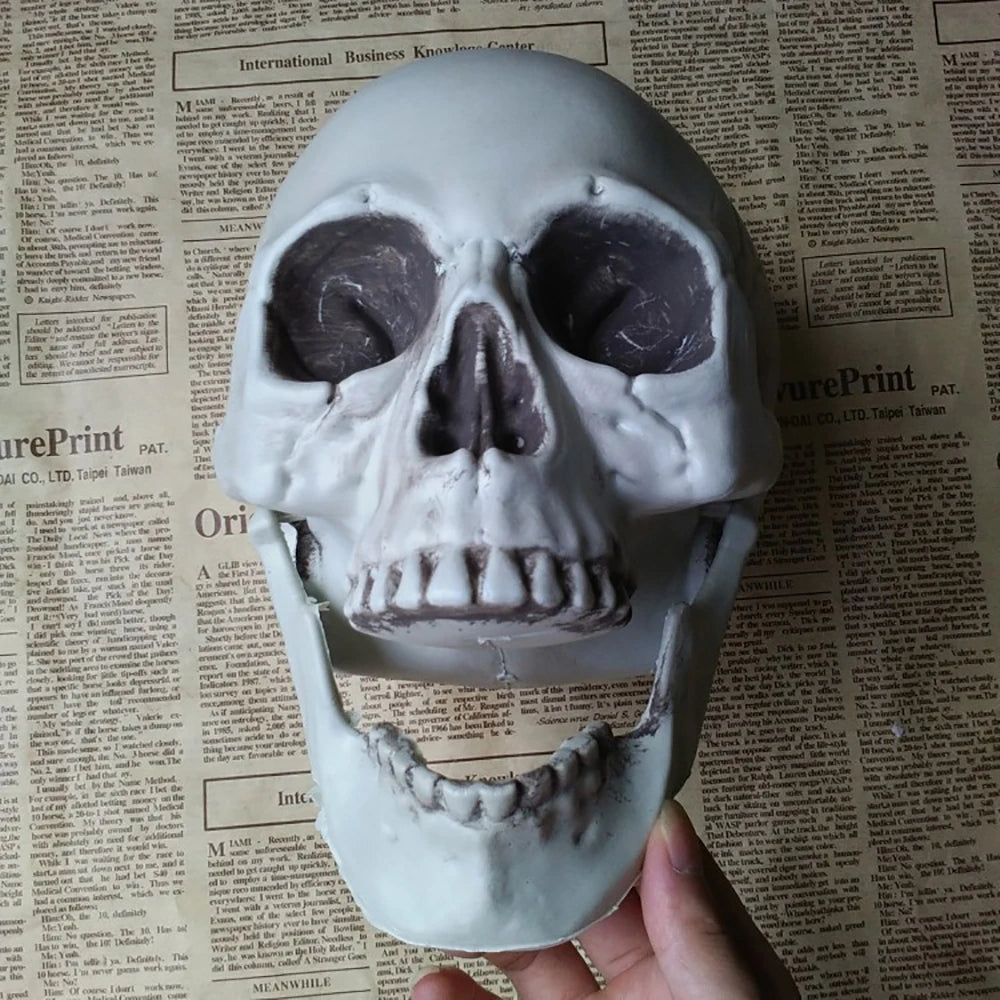 Skull-shaped object held by a hand on a newspaper background