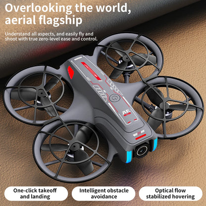Gray drone with black propellers on a brown surface, featuring text about its features.