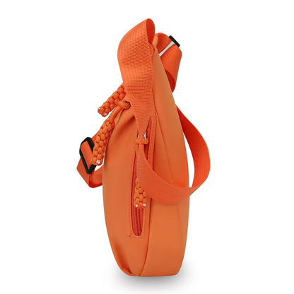 Orange sling bag with a strap on a white background